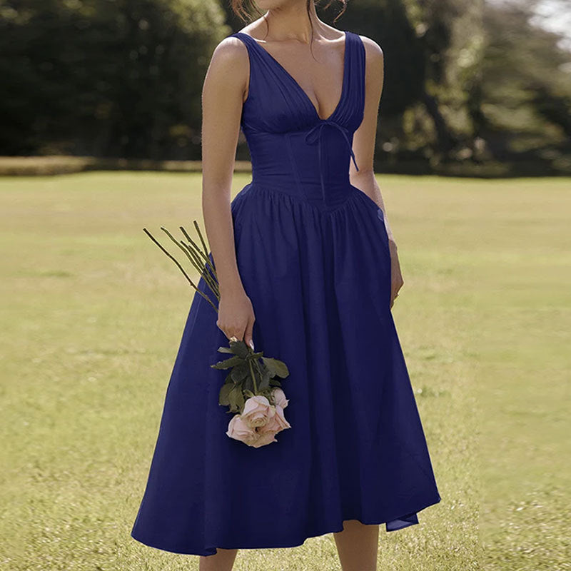 Solid color V-neck camisole mid length dress