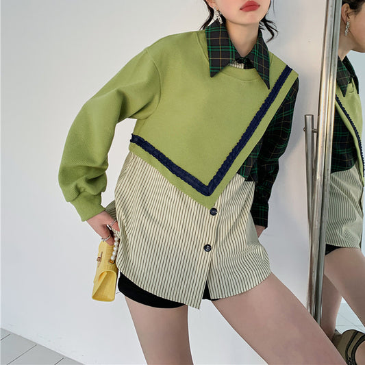 Fake Two Top Retro Hoodie Women's Asymmetric Shirt