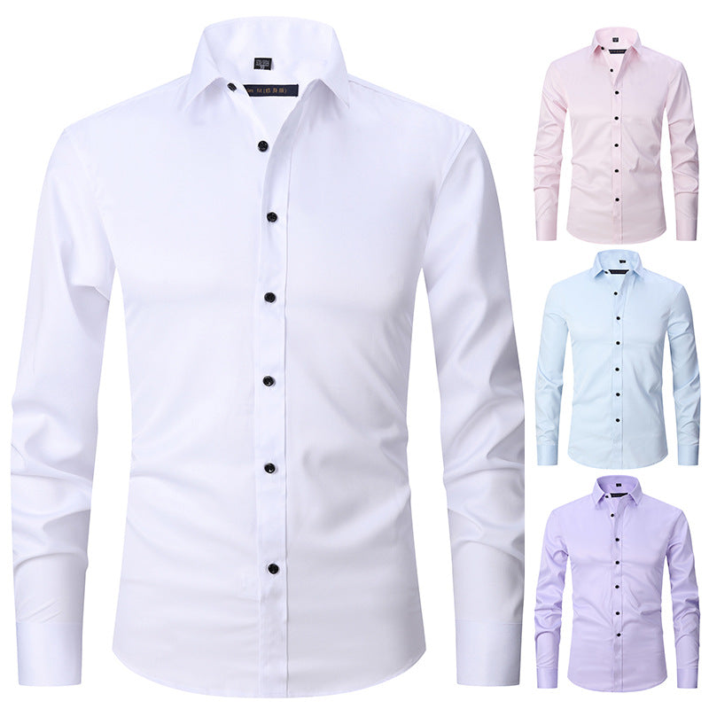Solid color elastic shirt men's long sleeved cross-border men's fashion shirt men's top slim fit men's clothing