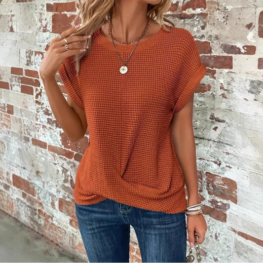 Solid Color Round Neck T-Shirt with Elegant Short Twisted Hem for Spring and Summer Women's Wear