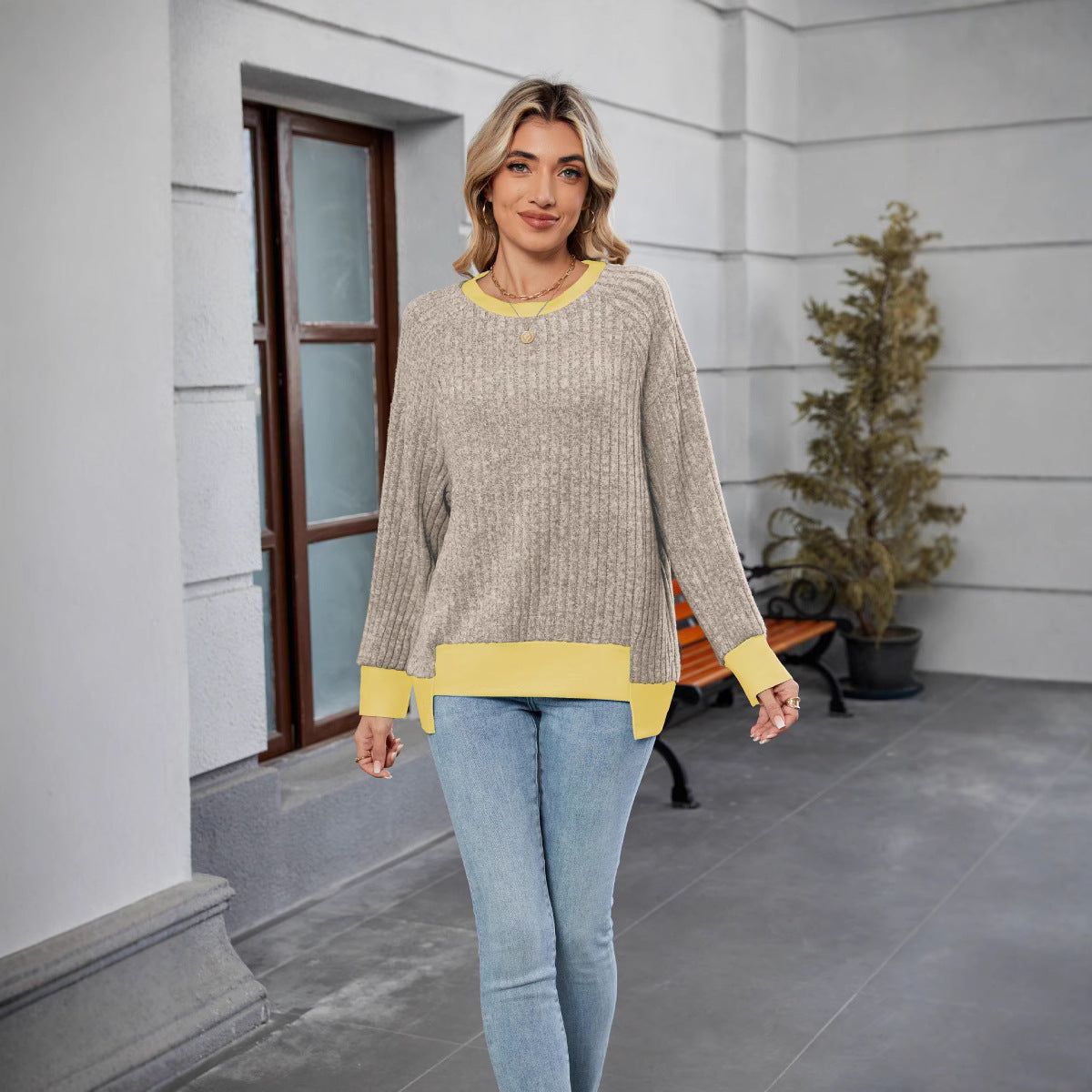 Anitrendy Fashionable Color Block Loose Knit Pullover – Women’s Short Sleeve Round Neck Summer Top with Button Detail
