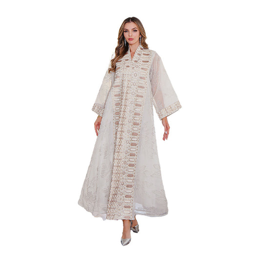 Middle Eastern Muslim Embroidered Long Robe Women's  Elegant Long Dress Loose Fit Dubai Dress
