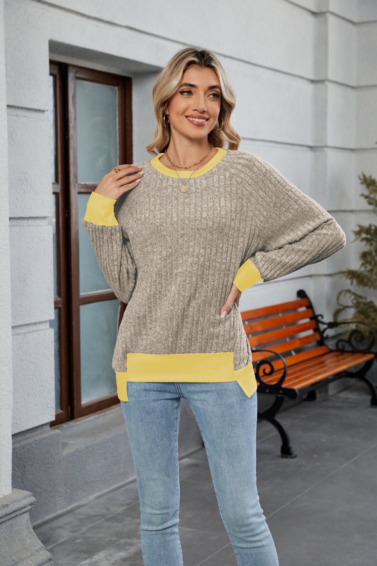 Anitrendy Fashionable Color Block Loose Knit Pullover – Women’s Short Sleeve Round Neck Summer Top with Button Detail
