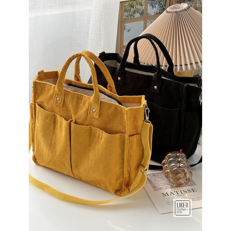 Autumn Winter Multi-Pocket Thick Corduroy Simple Commuter Tote Student Leisure Literary Handbag Shoulder Bag