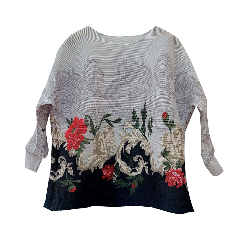 Anitrendy Pleated Printed Loose Fit Top – Women’s Floral Batwing Sleeve Blouse, Plus Size, Belly Covering, Relaxed Commuting Style