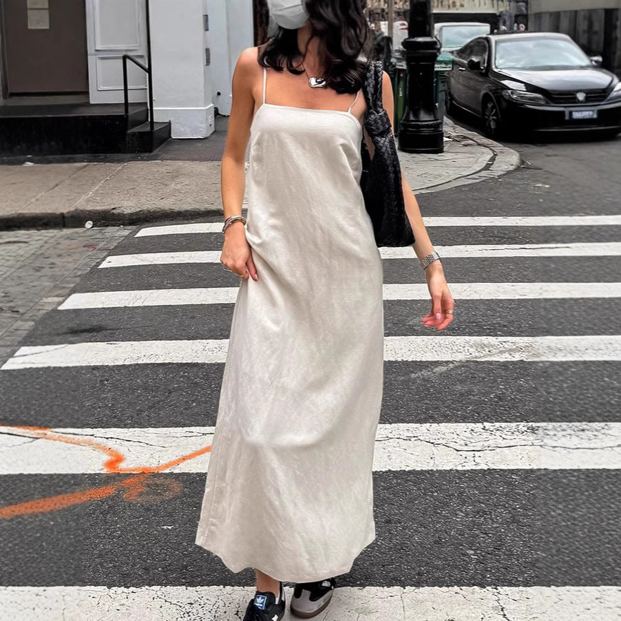 Khaki cotton linen camisole dress for women fashionable and loose A-line long skirt