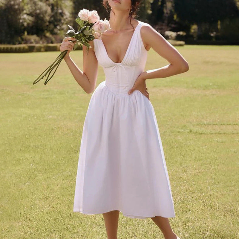 Solid color V-neck camisole mid length dress