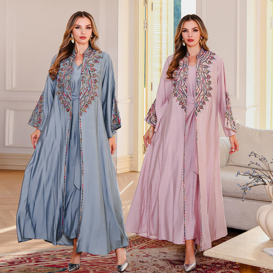 Muslim Embroidered Long Robe Middle Eastern Clothing Abaya Luxury Evening Dress Two-Piece Dress