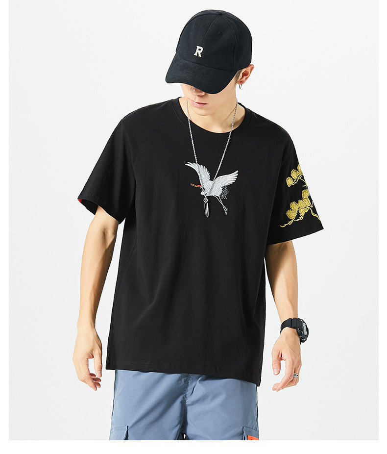 Chinoiserie Heavy Industry Embroidery Songhe China Chic Cotton Casual Loose Size Couple Short Sleeve T shirt Male