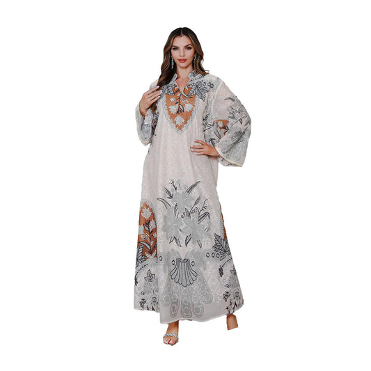 Muslim Embroidered Printed Long Robe Middle Eastern Dress Women's Long Gown
