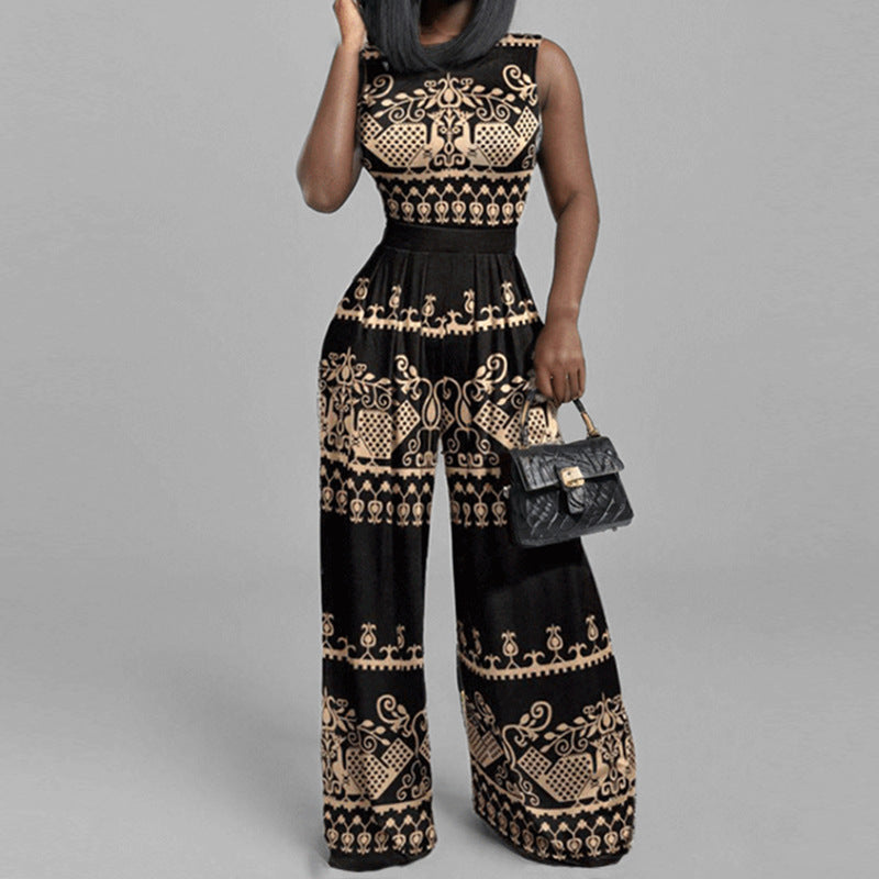 Long pants slim fit printed sleeveless women's jumpsuit