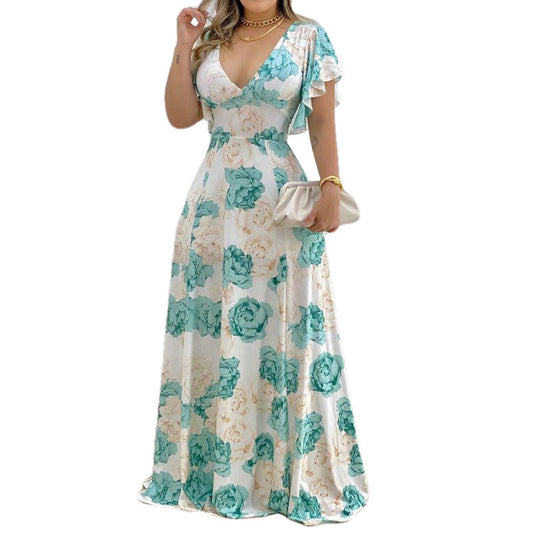 V-neck printed long sleeved dress with large swing and waist length