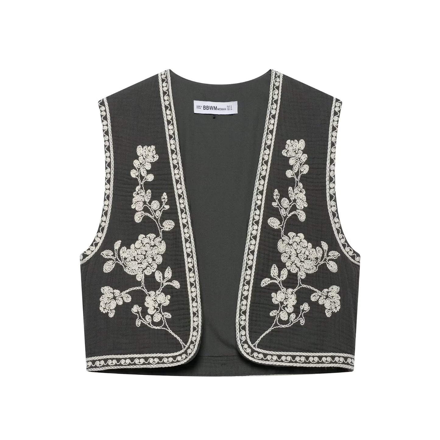 Embroidered buttonless vest jacket for women