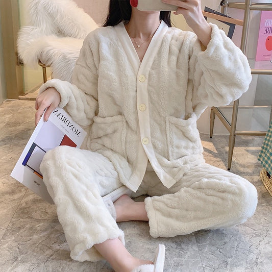 Autumn/winter Season High-end Coral Fleece Pajama Set Women's Long Sleeve Loose-fit Thickened Warm Suit