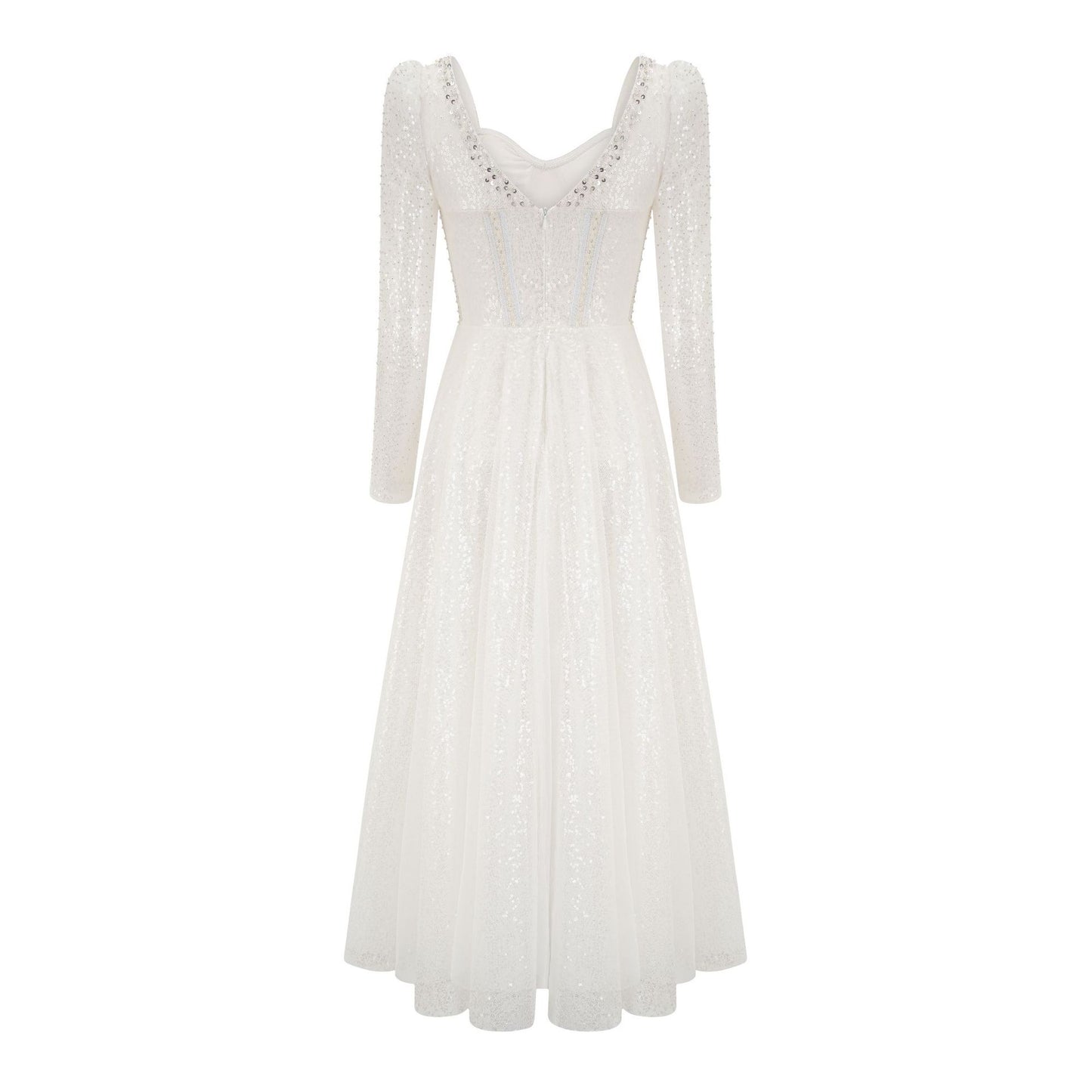 Elegant and Charming Dress with Beading, Sequins, and Tulle Skirt - Long Sleeve Formal Gown for Toasting and Adult Ceremonies