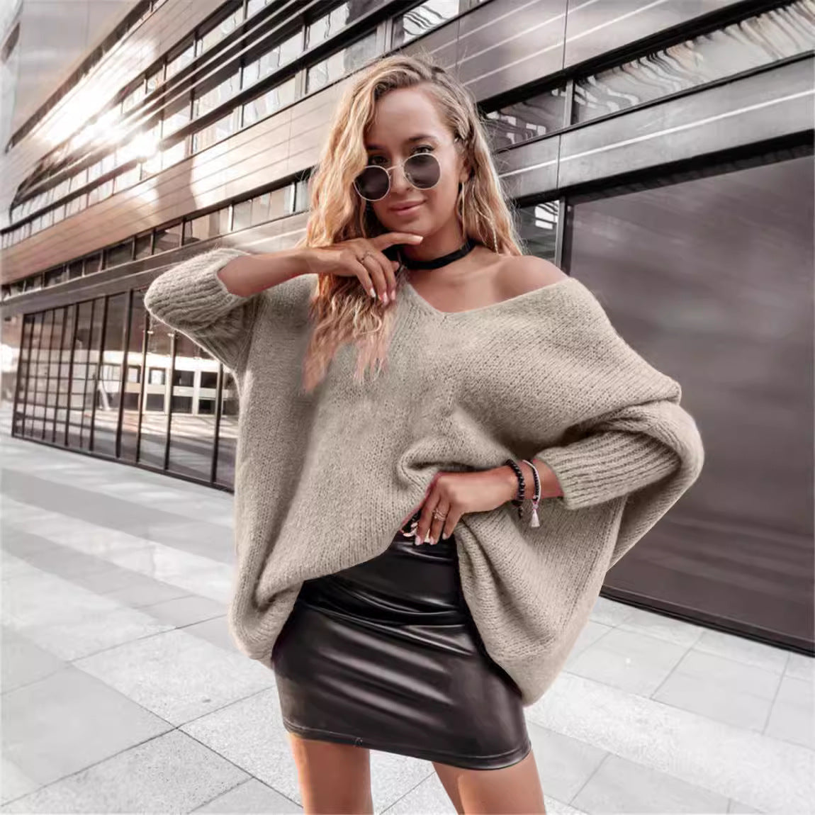 Loose bat shirt candy color V-neck off shoulder knit sweater casual sweater for women