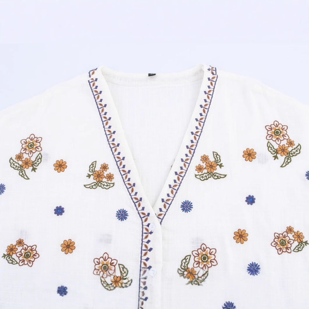 Women's Fashion Elegant V-neck Embroidered Long-sleeved Shirt