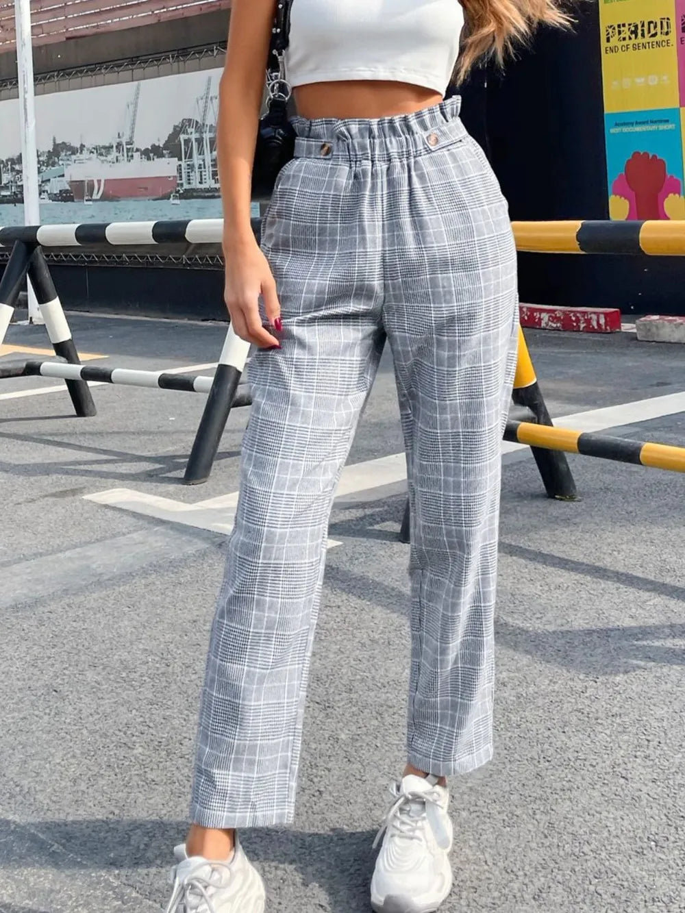 Fashionable temperament high waisted plaid straight leg pants