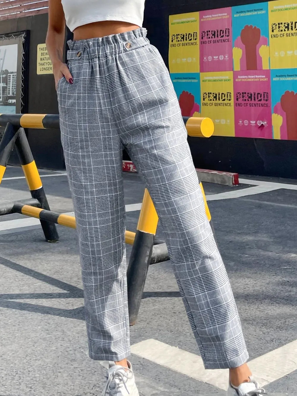 Fashionable temperament high waisted plaid straight leg pants