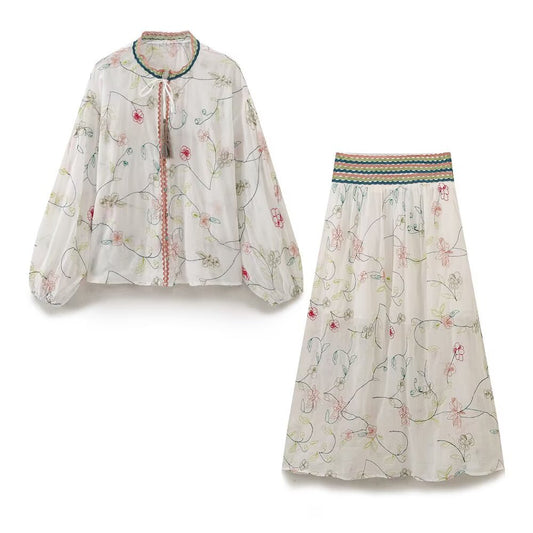 Flower Embroidered Loose Shirt+Flower Embroidered Half Skirt for Women