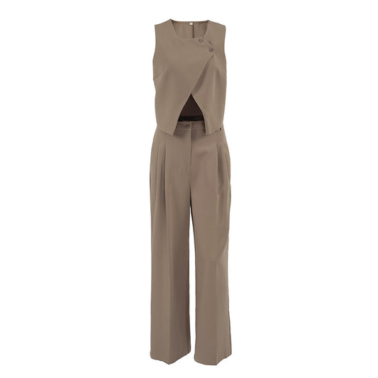 Fashion khaki vest long pants two-piece set for women