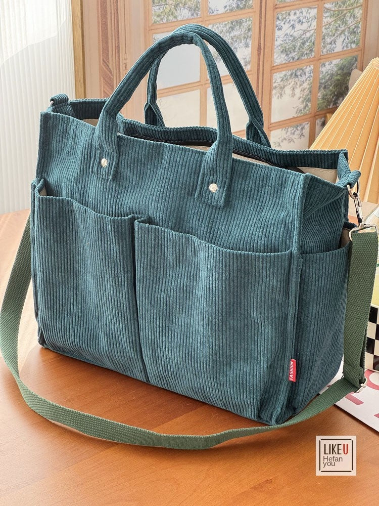 Autumn Winter Multi-Pocket Thick Corduroy Simple Commuter Tote Student Leisure Literary Handbag Shoulder Bag