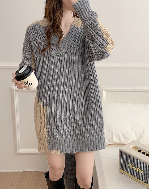 Soft and sticky V-neck sweater for women, loose and lazy style, sweet temperament, knitted dress trend