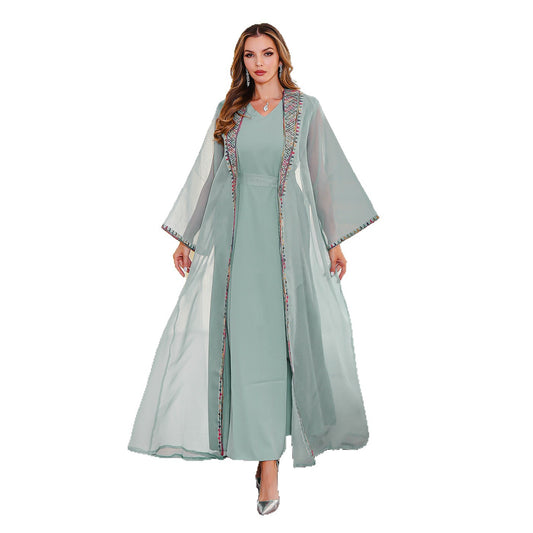 Muslim Two-Piece Dress Set Embroidered Mesh Long Dress Elegant Women's Maxi Dress