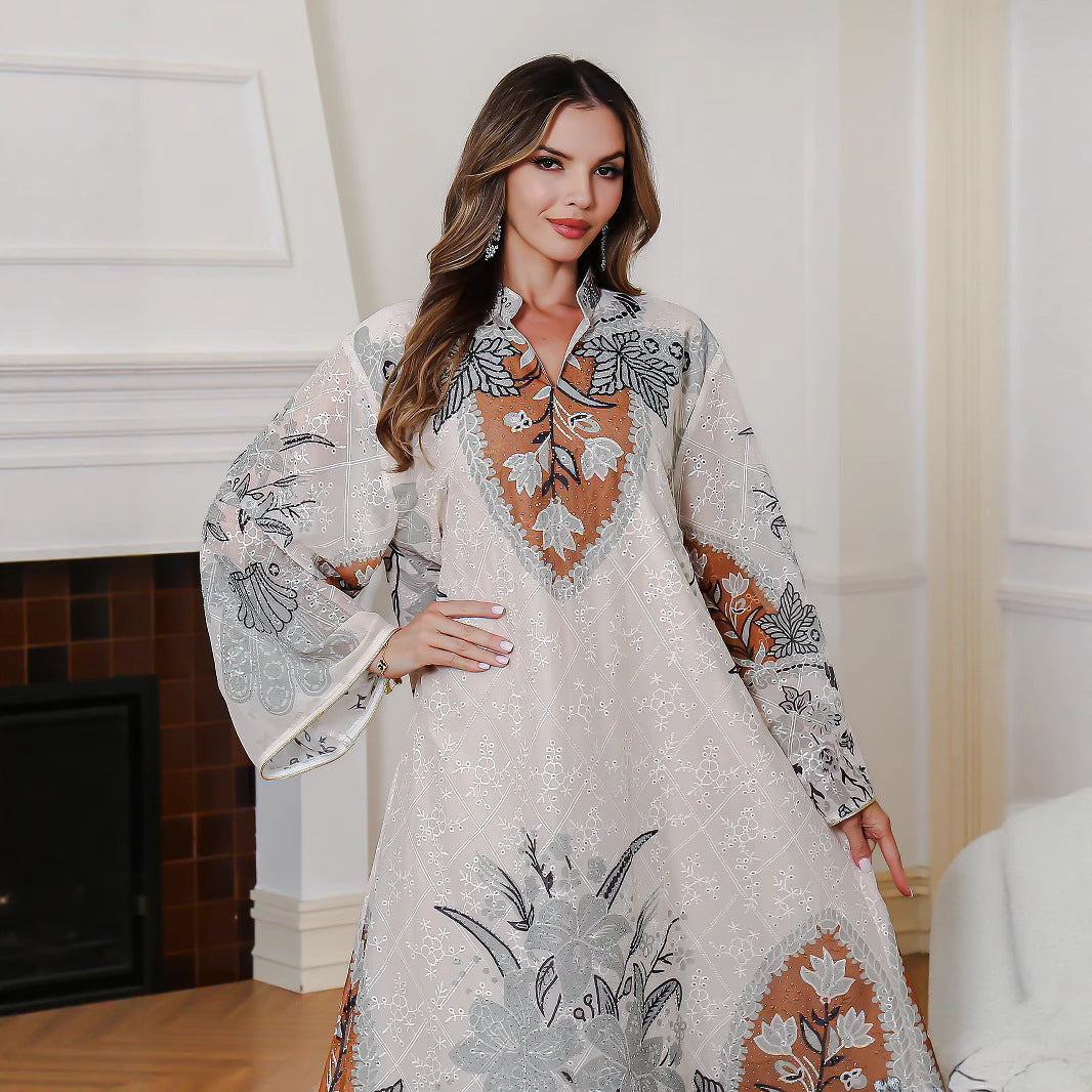 Muslim Embroidered Printed Long Robe Middle Eastern Dress Women's Long Gown