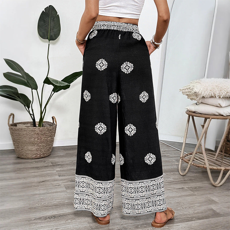 Ethnic style printed straight leg pants with elastic waistband and drawstring, casual and comfortable straight leg pants for women