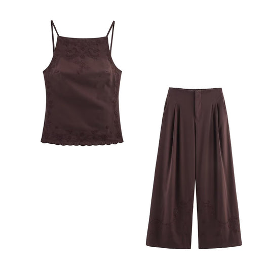 Embroidered backless top+casual pants set for women