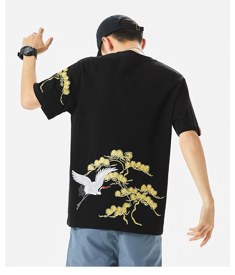 Chinoiserie Heavy Industry Embroidery Songhe China Chic Cotton Casual Loose Size Couple Short Sleeve T shirt Male