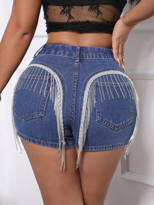 Fringe Back Denim Shorts with Pockets