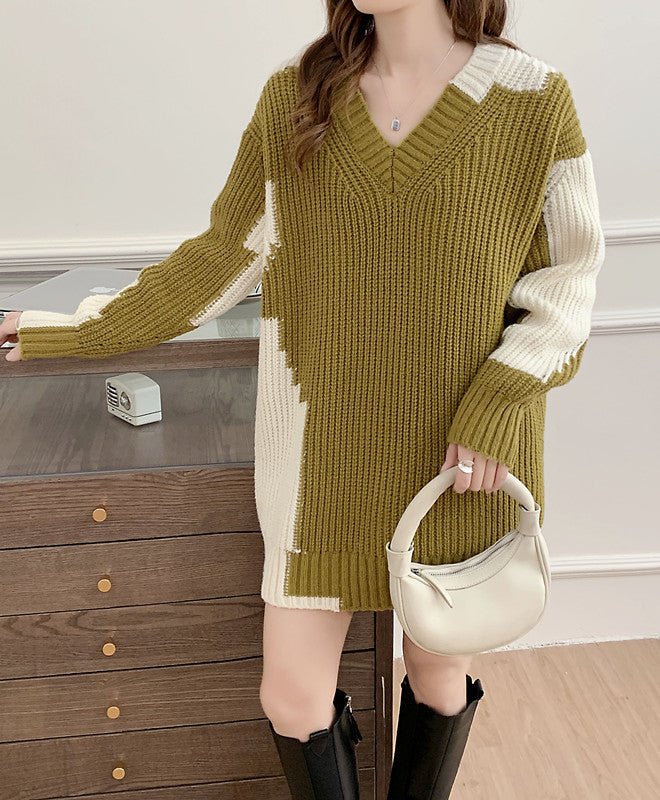 Soft and sticky V-neck sweater for women, loose and lazy style, sweet temperament, knitted dress trend