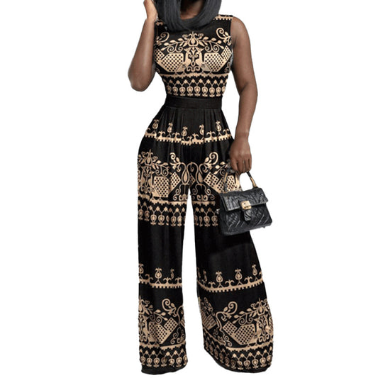 Long pants slim fit printed sleeveless women's jumpsuit