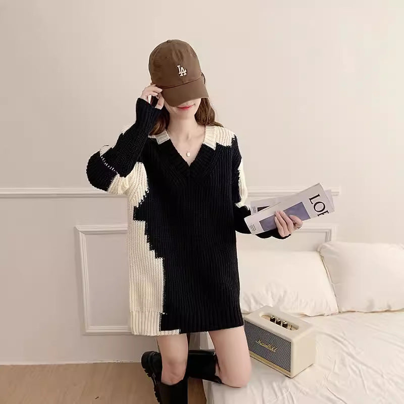 Soft and sticky V-neck sweater for women, loose and lazy style, sweet temperament, knitted dress trend