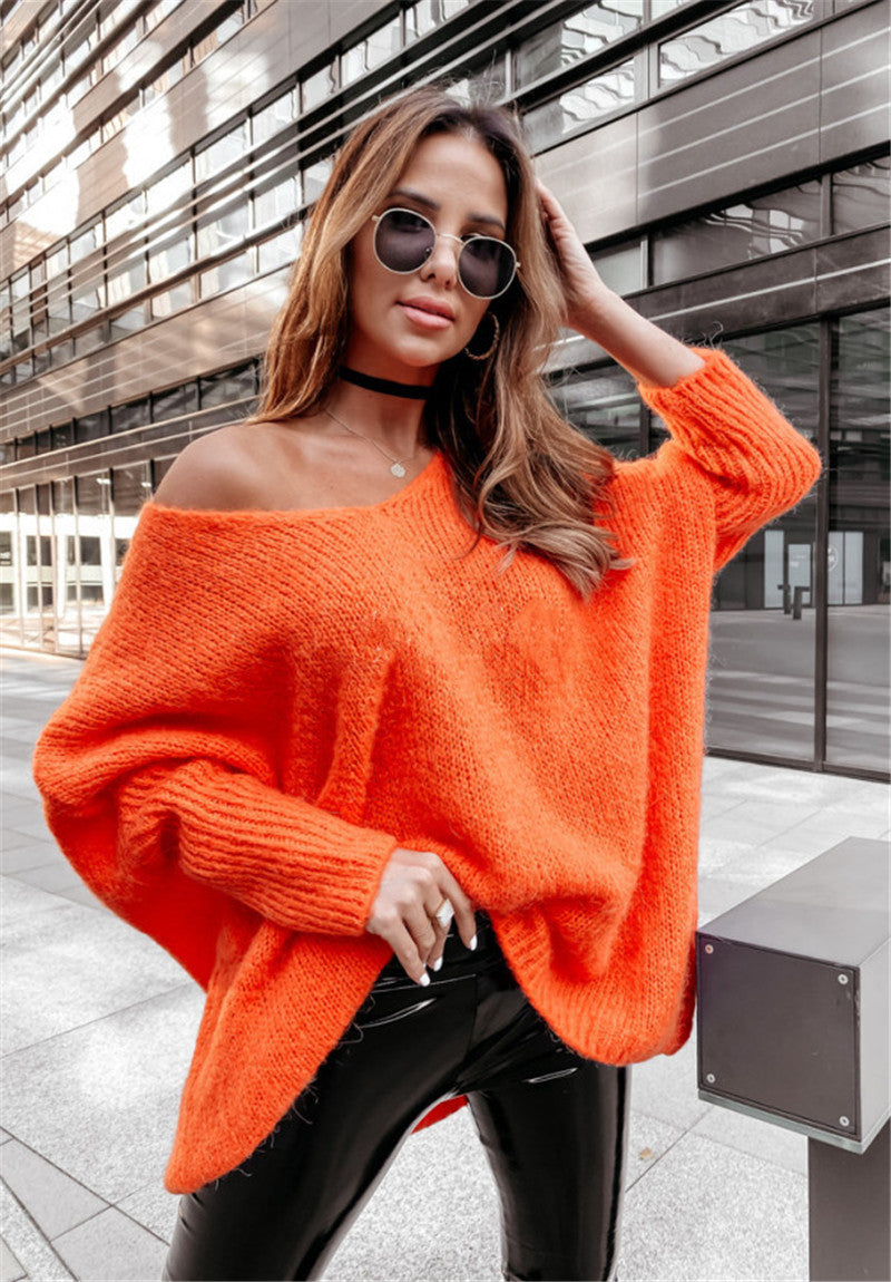 Loose bat shirt candy color V-neck off shoulder knit sweater casual sweater for women