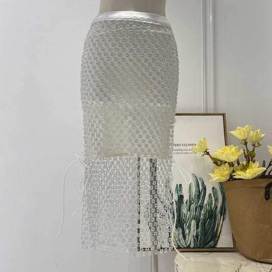 Diamond studded circular flower half skirt, European and American loose hollow waist skirt, internet famous beach vacation suit