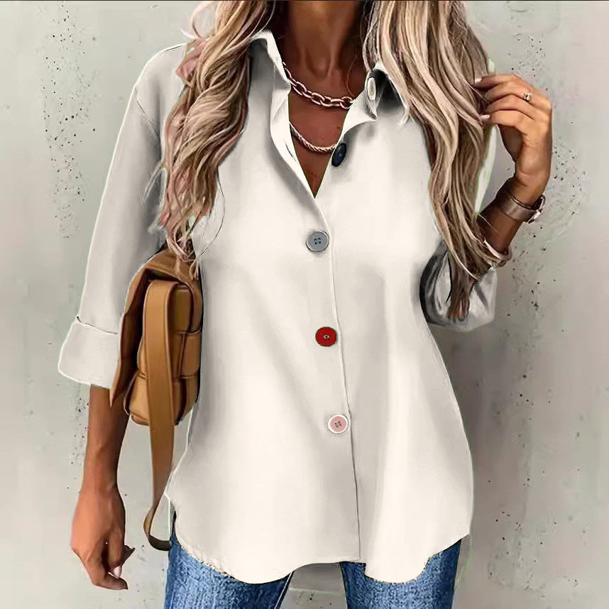 Anitrendy Women’s Solid Color Long Sleeve Button-Up Shirt – Elegant Casual Top with Multicolor Buttons