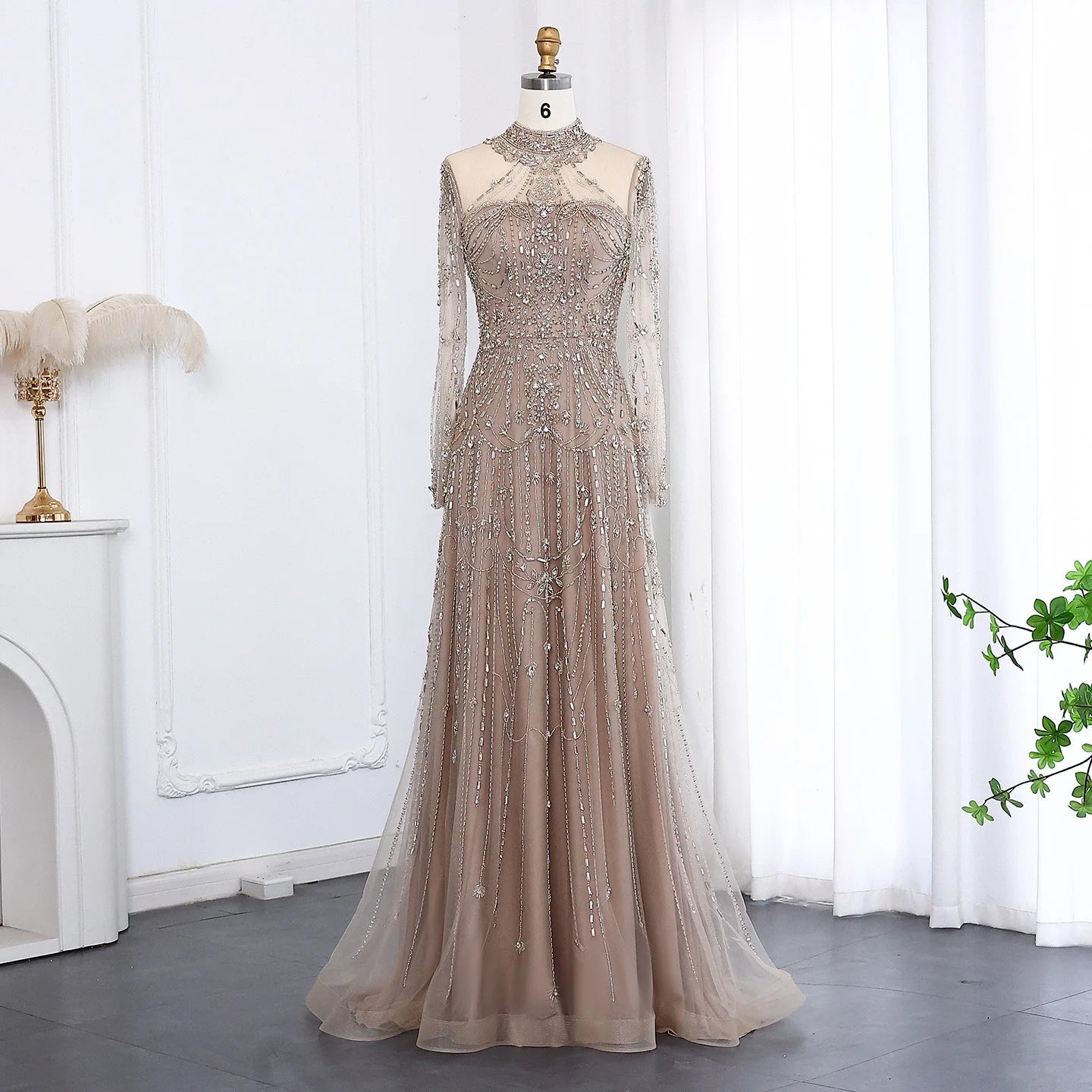 Elegant Beaded Crystal Tulle Evening Dress with High Neckline, Full Sleeves & Sweep Train – Formal Floor-Length Gown by Sharon Said