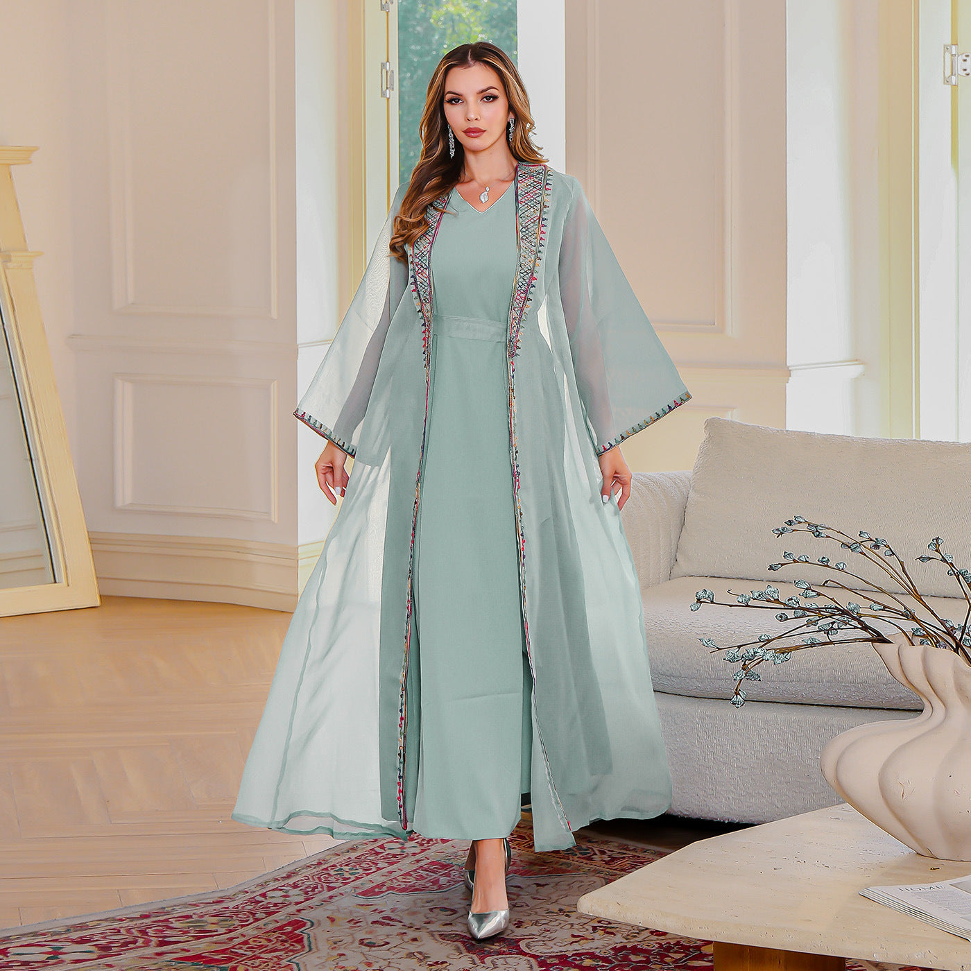 Muslim Two-Piece Dress Set Embroidered Mesh Long Dress Elegant Women's Maxi Dress