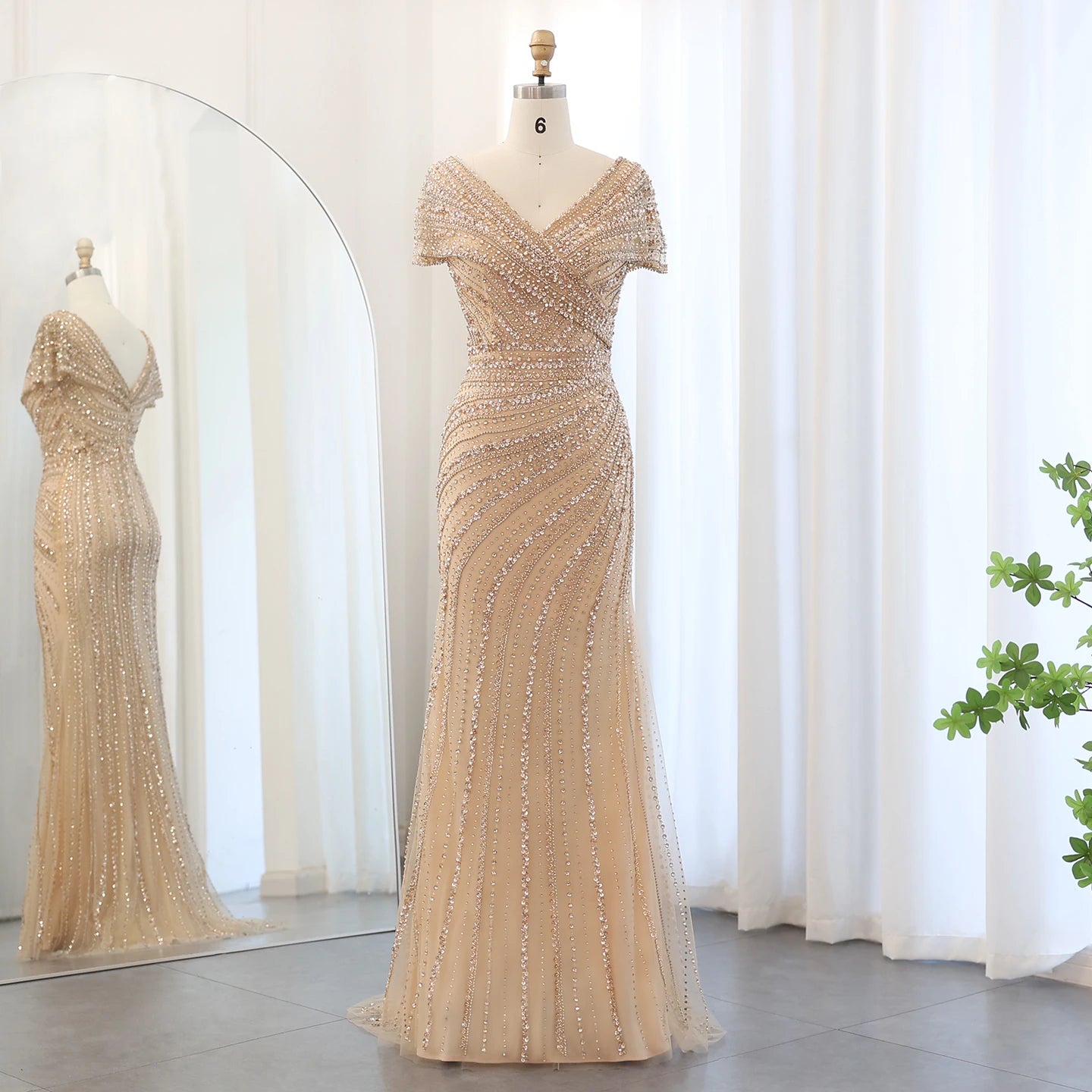 Sharon Said Luxury Dubai Silver Nude Mermaid Evening Dress for Women Wedding Cap Sleeve Arab Formal Party Gowns SS045 Customized