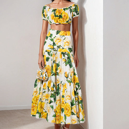 Anitrendy Elegant Yellow Floral Off-Shoulder Crop Top and High-Waist Long Skirt Two-Piece Set for Women S–3XL