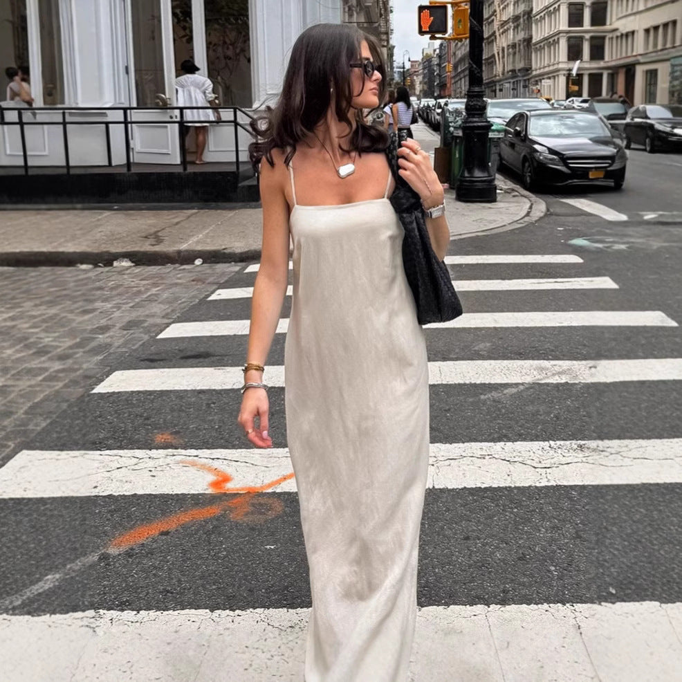 Khaki cotton linen camisole dress for women fashionable and loose A-line long skirt