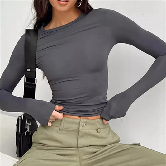 Women’s Slim Fit Long Sleeve Top – Stretch Casual Crop T-shirt, Y2K Streetwear UK