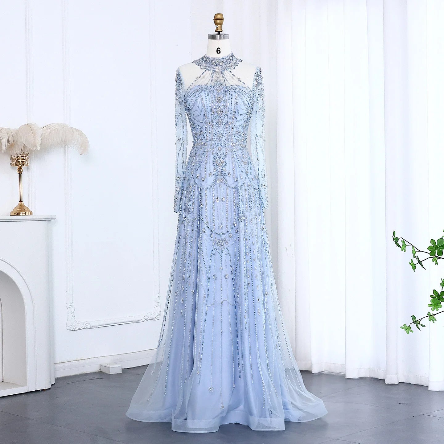 Elegant Beaded Crystal Tulle Evening Dress with High Neckline, Full Sleeves & Sweep Train – Formal Floor-Length Gown by Sharon Said
