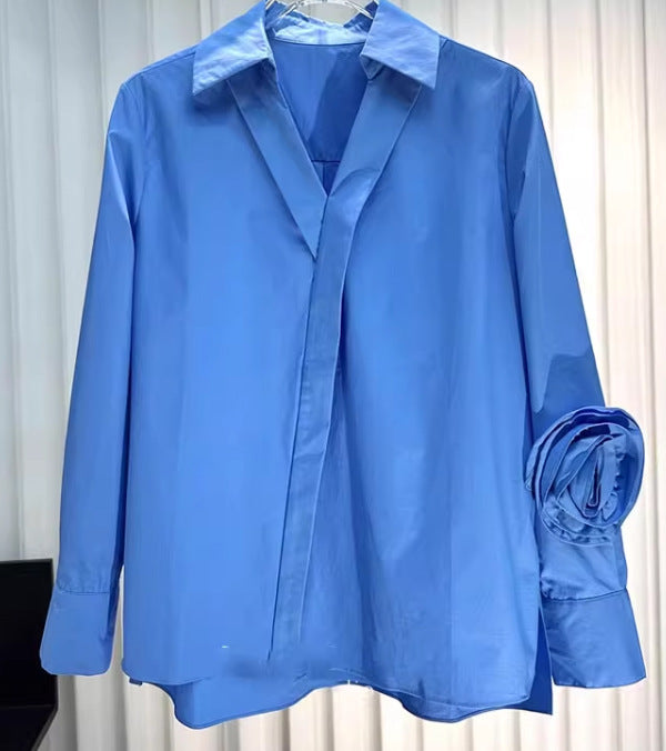 Early spring women's design sense three-dimensional flower shirt long sleeve solid color loose shirt