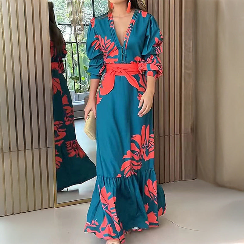 Button V-neck elegant printed waist cinching lace up big swing dress