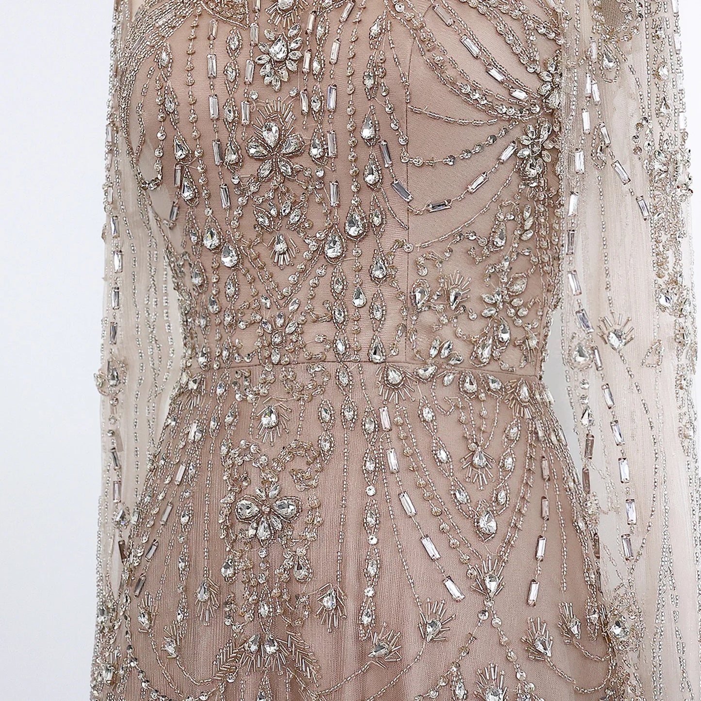 Elegant Beaded Crystal Tulle Evening Dress with High Neckline, Full Sleeves & Sweep Train – Formal Floor-Length Gown by Sharon Said