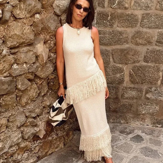 INS popular elegant tassel knitted irregular top and skirt set